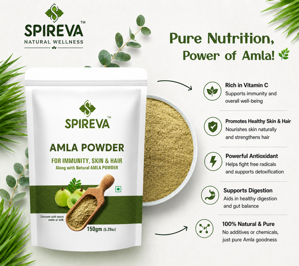 SPIREVA Natural Amla Powder | Vitamin C Rich Ayurvedic Superfood for Immunity, Skin, Hair & Digestion | Herbal Wellness Supplement