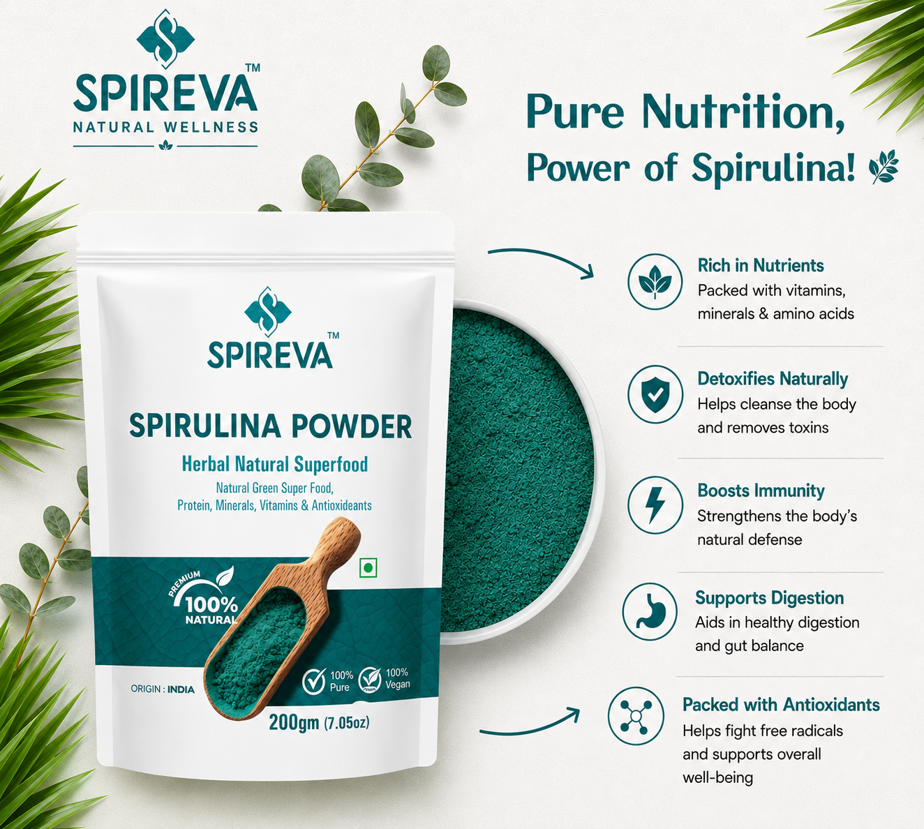 Natural Spirulina Powder – Protein & Antioxidant Rich Superfood for Immunity, Energy & Wellness | 100% Natural