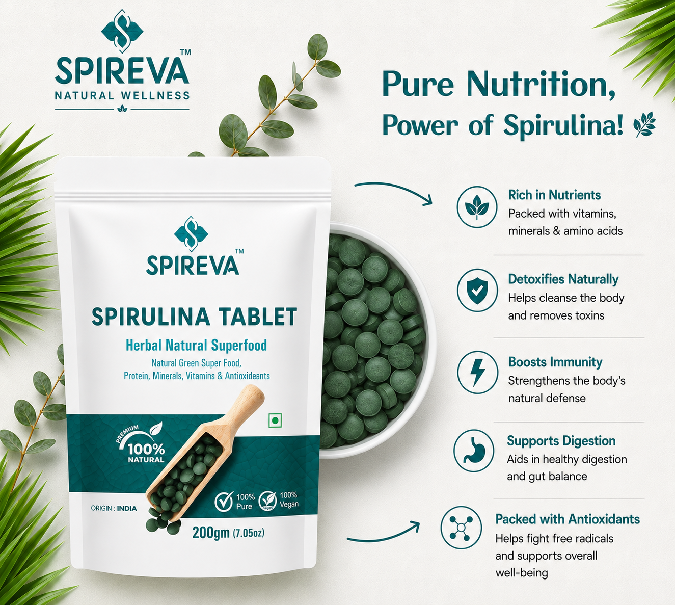 Spirulina Tablet – 100% Natural Herbal Superfood Tablets Rich in Protein, Vitamins & Antioxidants | Vegan Wellness Supplement