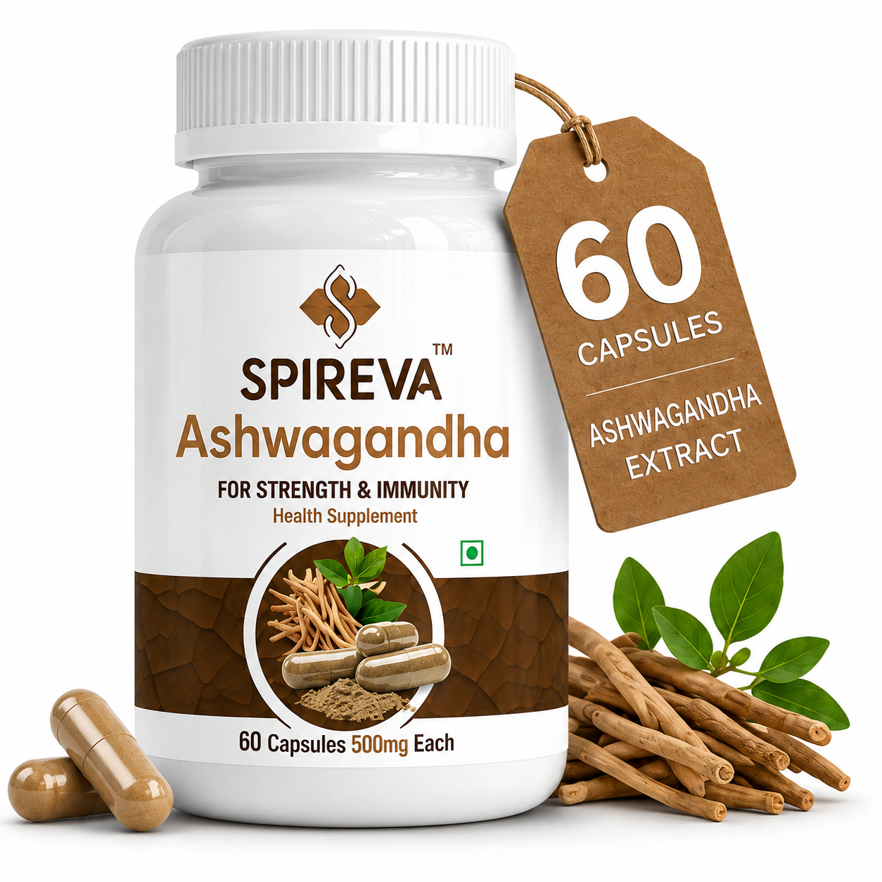Spireva Natural Ashwagandha Capsules 500mg – Ayurvedic Herbal Supplement for Strength, Immunity & Stress Support | Energy, Stamina & Overall Wellness | 60 Veg Capsules