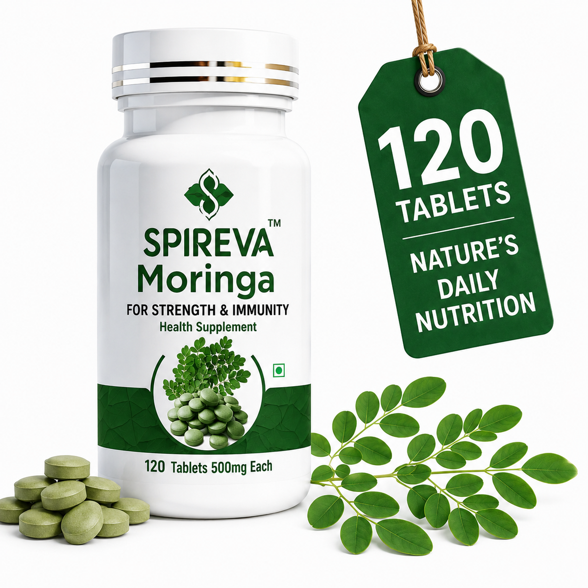 Spireva Moringa Tablets - Natural Ayurvedic Superfood Supplement For Immunity, Energy & Overall Wellness | Rich in Antioxidants, Vitamins & Nutrients | 120 Veg Tablets