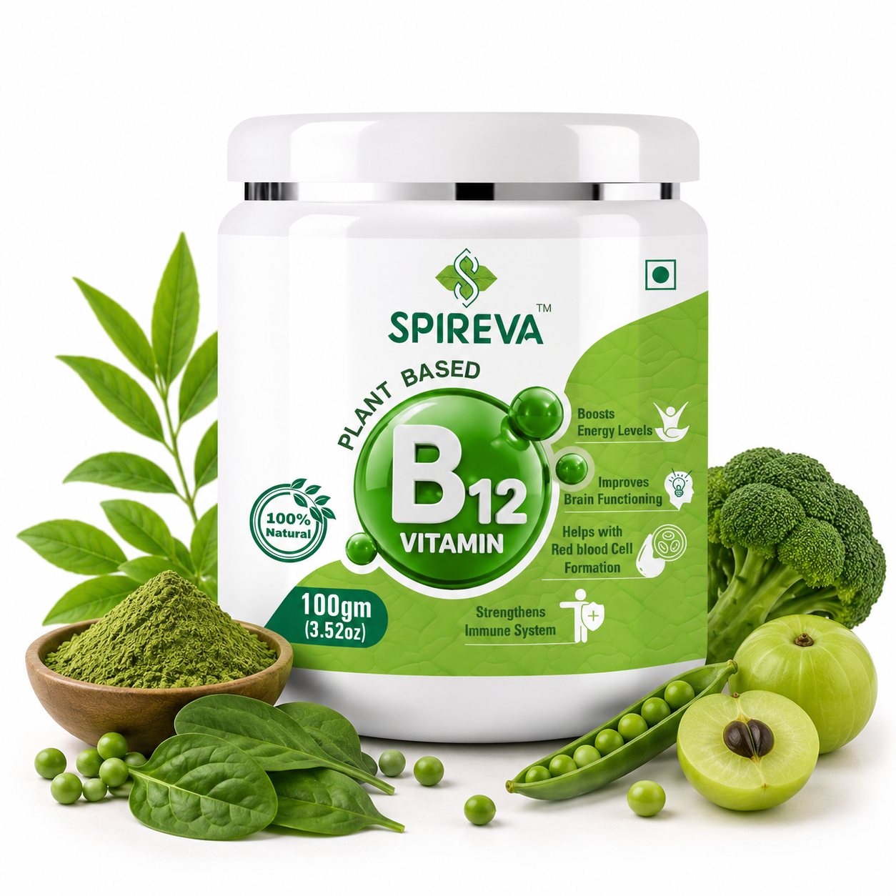 SPIREVA Plant-Based B12 Supplement | Daily Energy & Wellness Nutrition Powder