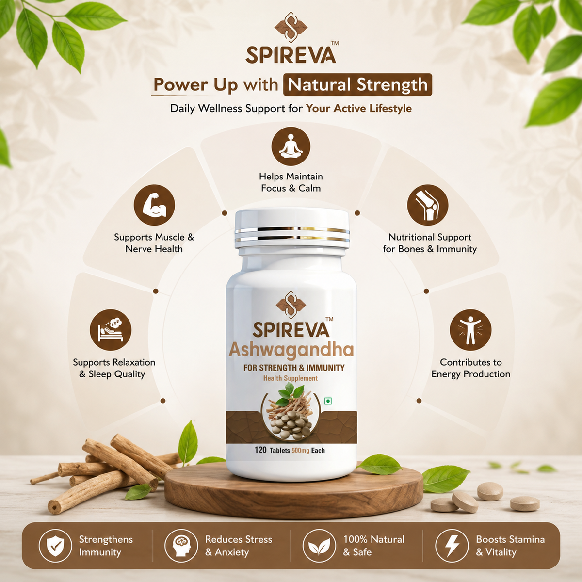 SPIREVA Natural Ashwagandha Tablets | Ayurvedic Herbal Supplement for Stress Relief, Energy, Immunity & Daily Vitality