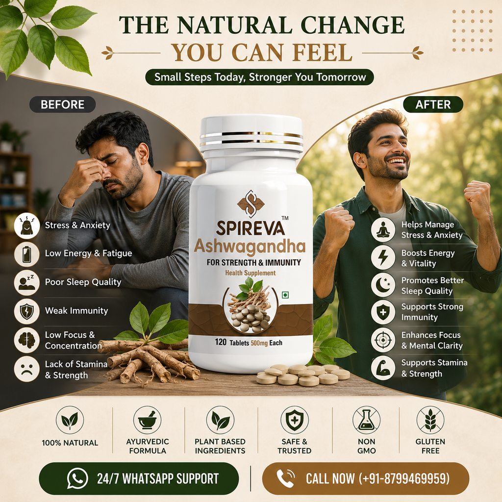 SPIREVA Natural Ashwagandha Tablets | Ayurvedic Herbal Supplement for Stress Relief, Energy, Immunity & Daily Vitality