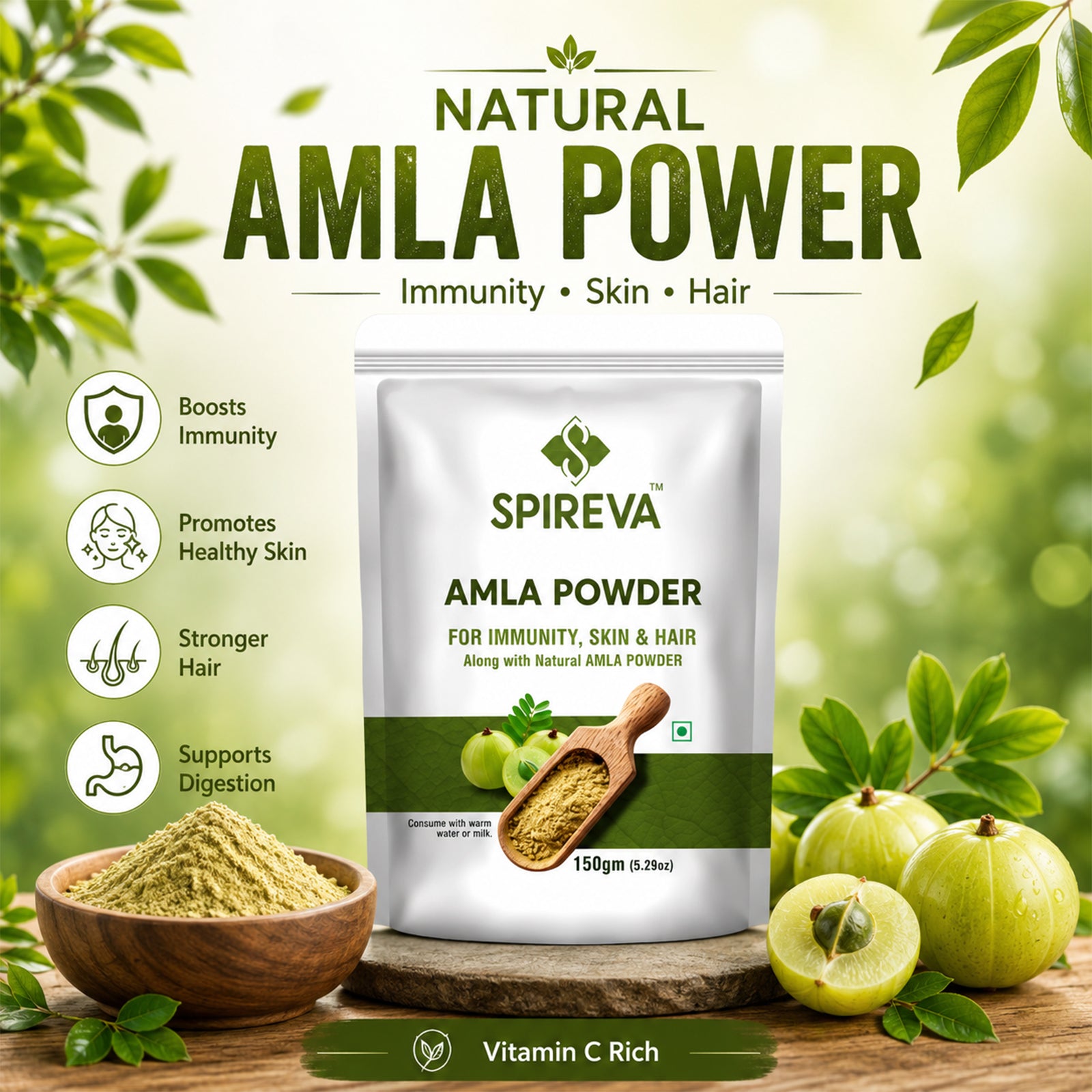 SPIREVA Natural Amla Powder | Vitamin C Rich Ayurvedic Superfood for Immunity, Skin, Hair & Digestion | Herbal Wellness Supplement