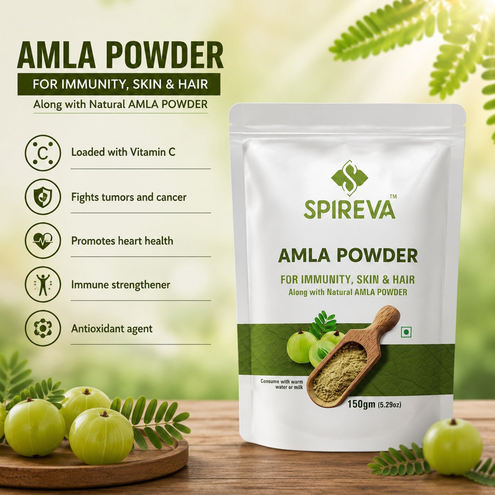 SPIREVA Natural Amla Powder | Vitamin C Rich Ayurvedic Superfood for Immunity, Skin, Hair & Digestion | Herbal Wellness Supplement