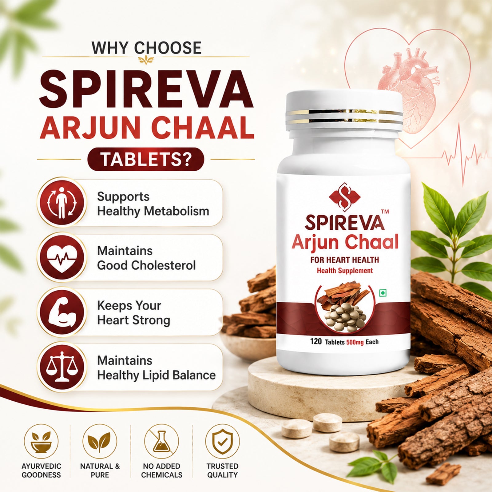 Spireva Arjuna Chaal Tablets | Ayurvedic Herbal Supplement for Heart & Wellness Support
