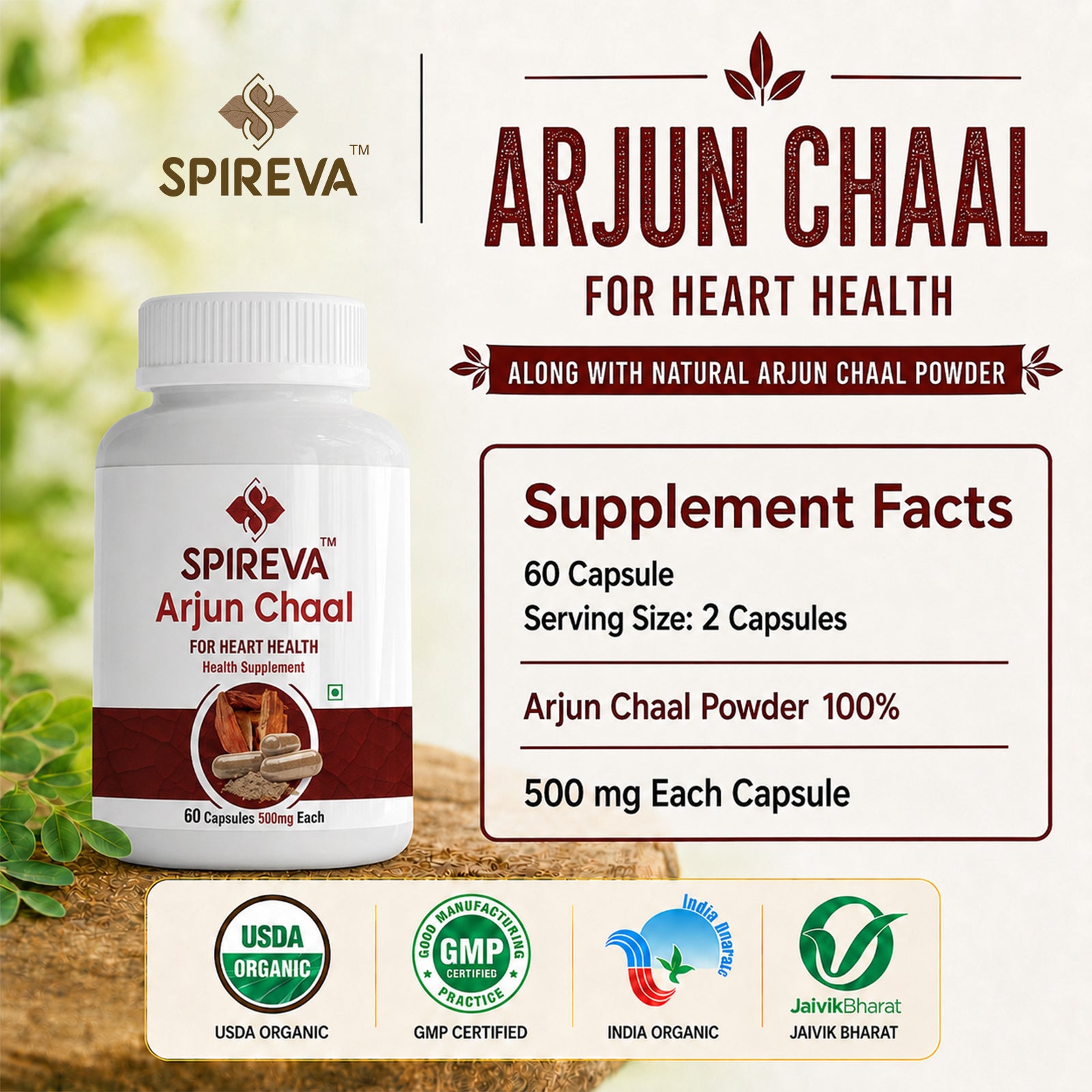 Spireva Arjuna Chaal Capsules – Ayurvedic Heart Care Supplement for Blood Pressure & Cardiovascular Health | Herbal Cardiac Wellness Support | 60 Veg Capsules