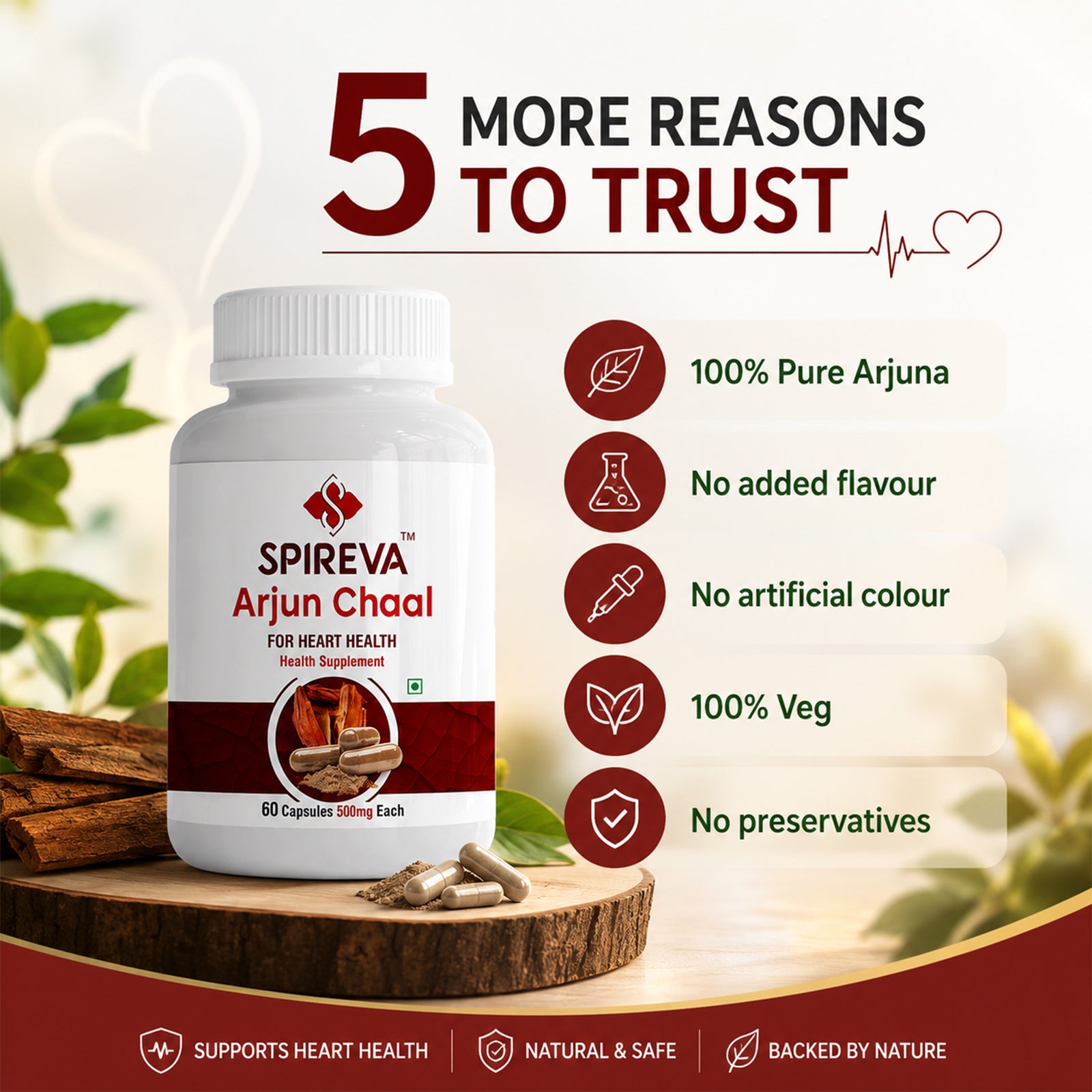 Spireva Arjuna Chaal Capsules – Ayurvedic Heart Care Supplement for Blood Pressure & Cardiovascular Health | Herbal Cardiac Wellness Support | 60 Veg Capsules
