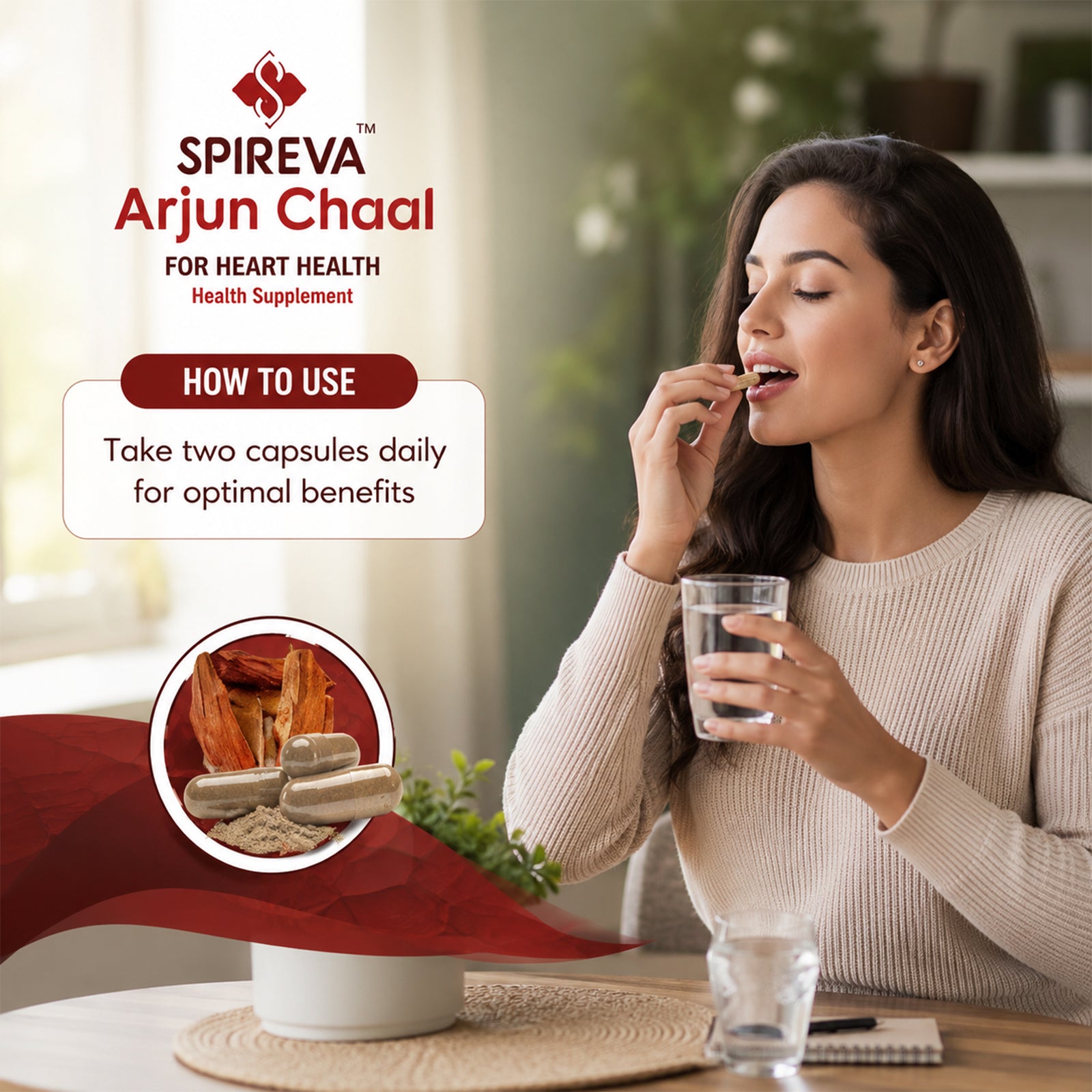 Spireva Arjuna Chaal Capsules – Ayurvedic Heart Care Supplement for Blood Pressure & Cardiovascular Health | Herbal Cardiac Wellness Support | 60 Veg Capsules