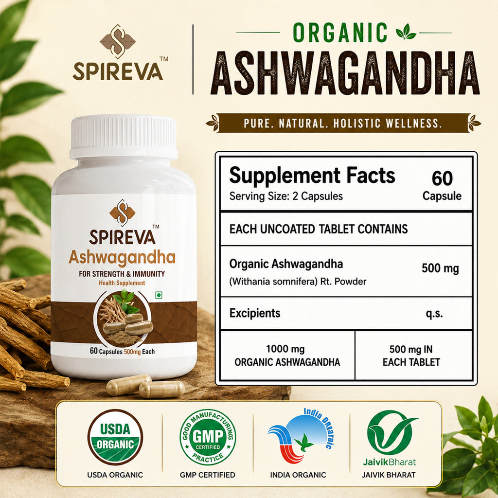 Spireva Natural Ashwagandha Capsules 500mg – Ayurvedic Herbal Supplement for Strength, Immunity & Stress Support | Energy, Stamina & Overall Wellness | 60 Veg Capsules
