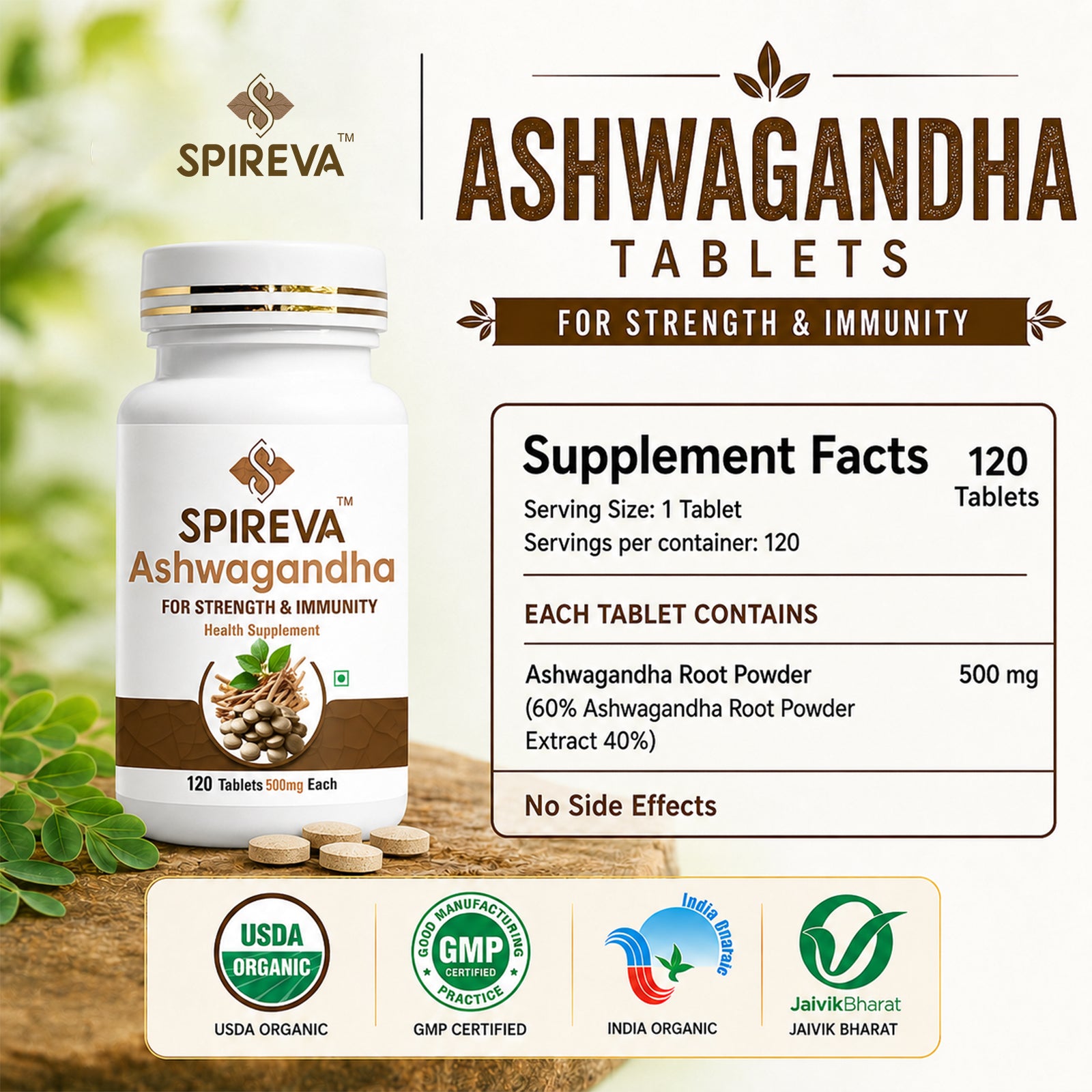 SPIREVA Natural Ashwagandha Tablets | Ayurvedic Herbal Supplement for Stress Relief, Energy, Immunity & Daily Vitality