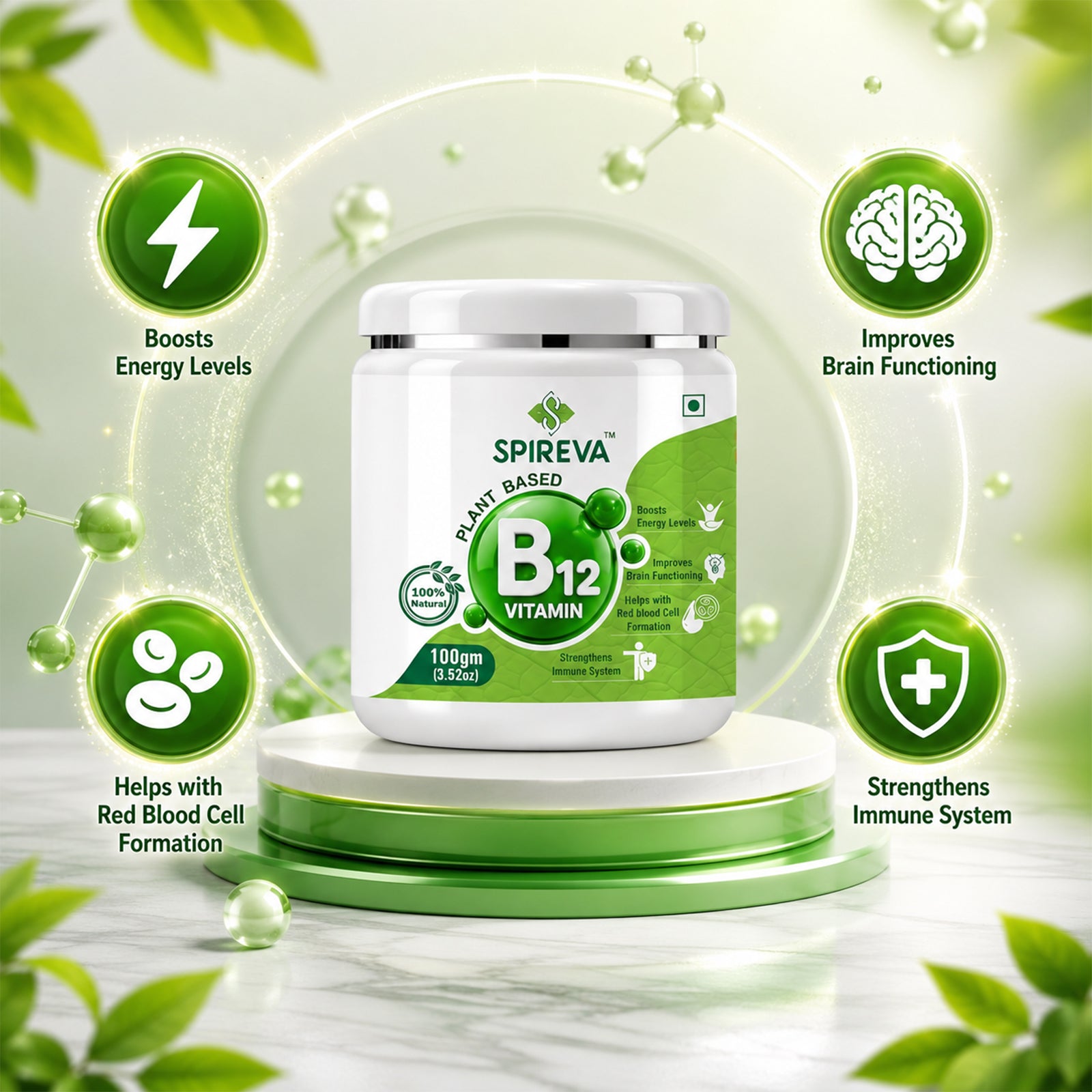 SPIREVA Plant-Based B12 Supplement | Daily Energy & Wellness Nutrition Powder