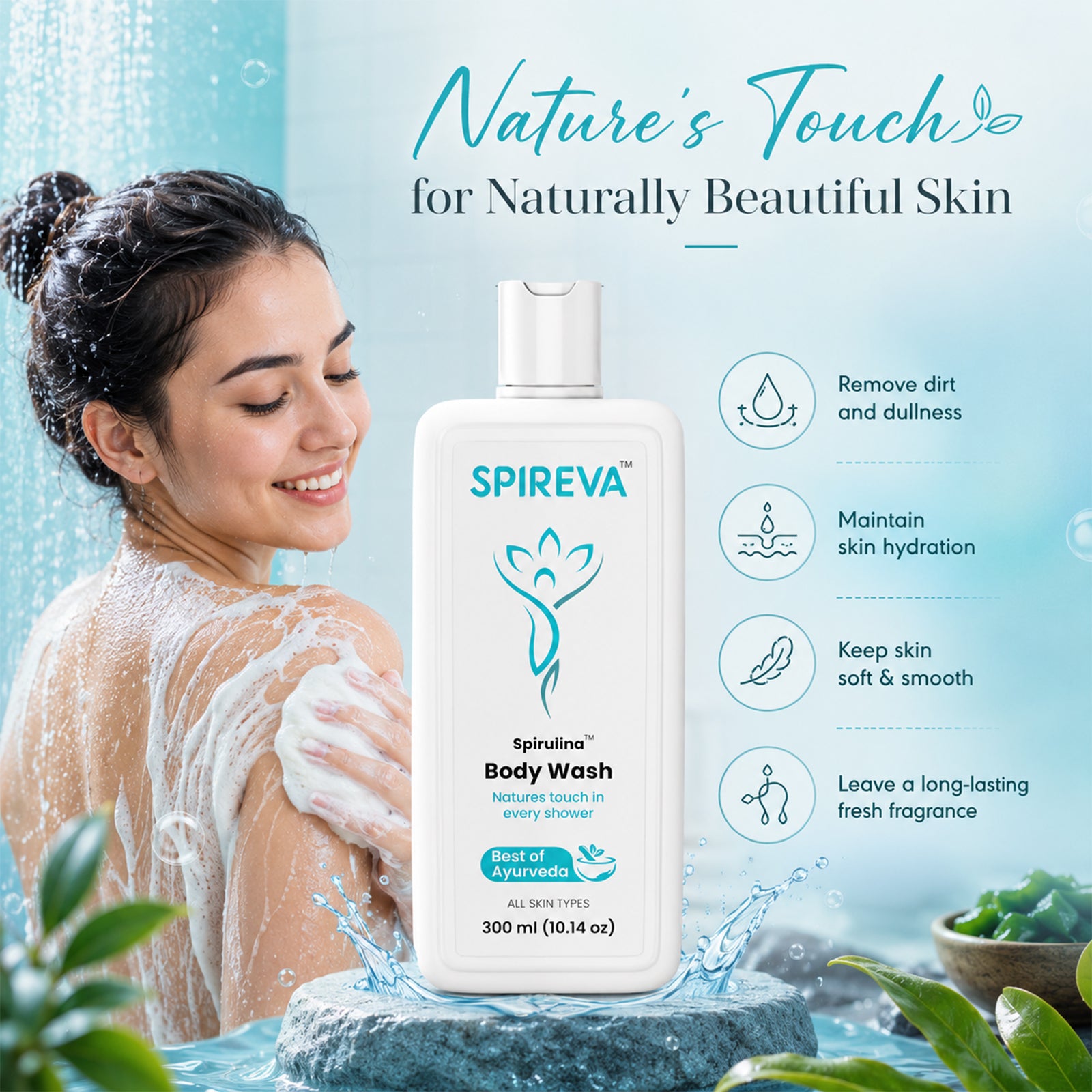 SPIREVA Spirulina Body Wash – Ayurvedic Nourishing Shower Gel for Soft, Fresh & Healthy Skin