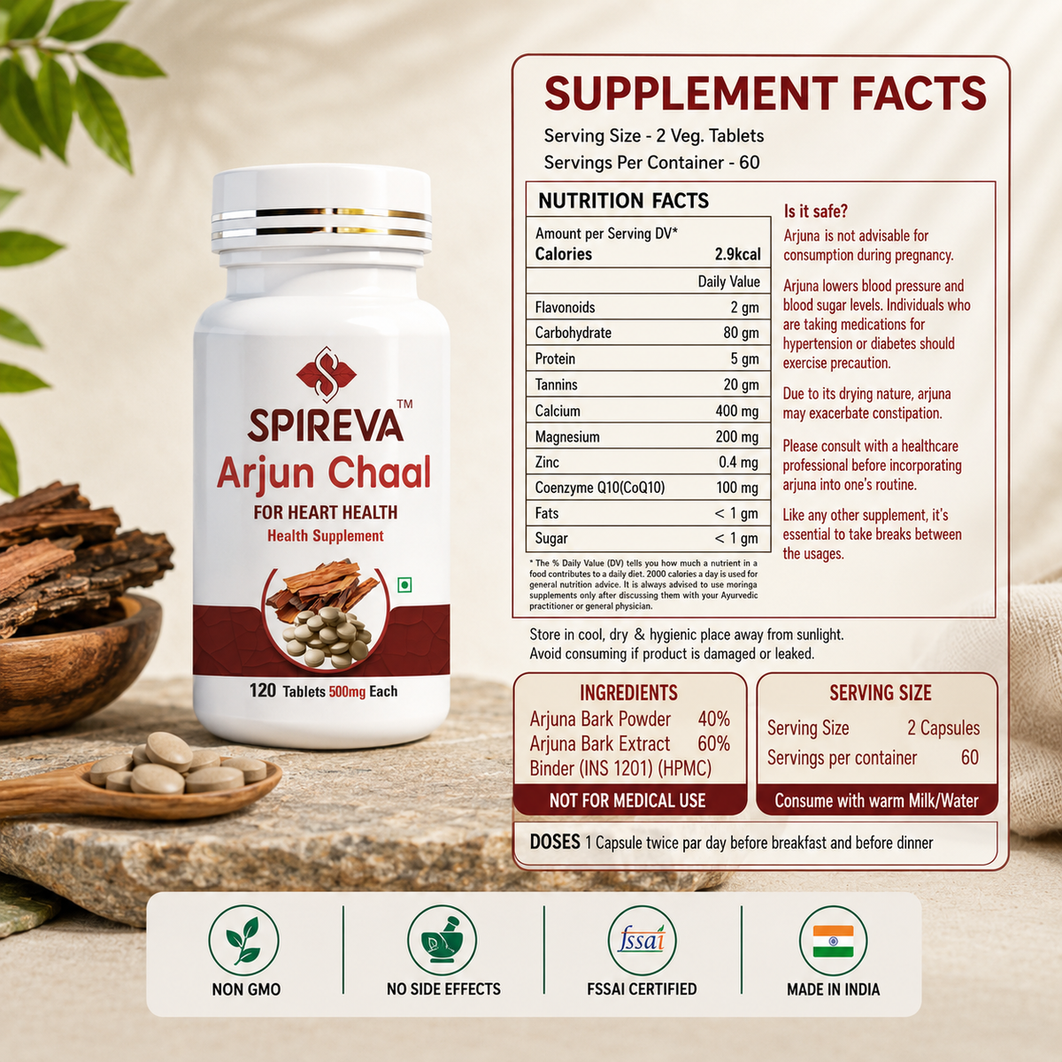 Spireva Arjuna Chaal Tablets | Ayurvedic Herbal Supplement For Cardiovascular Wellness, Manage Cholesterol Levels And Regulate Blood Pressure