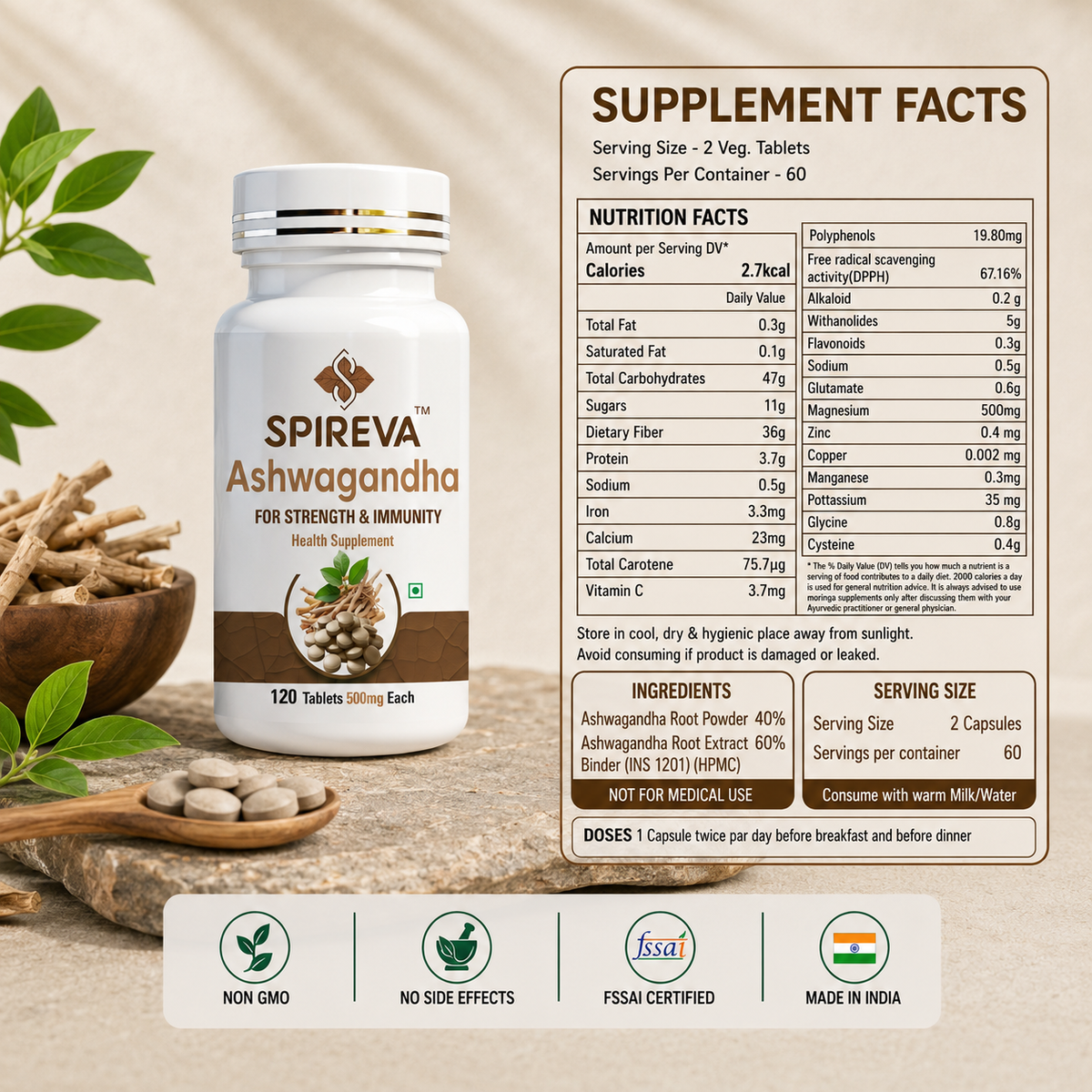 SPIREVA Natural Ashwagandha Tablets | Ayurvedic Herbal Supplement for Stress Relief, Energy, Immunity & Daily Vitality