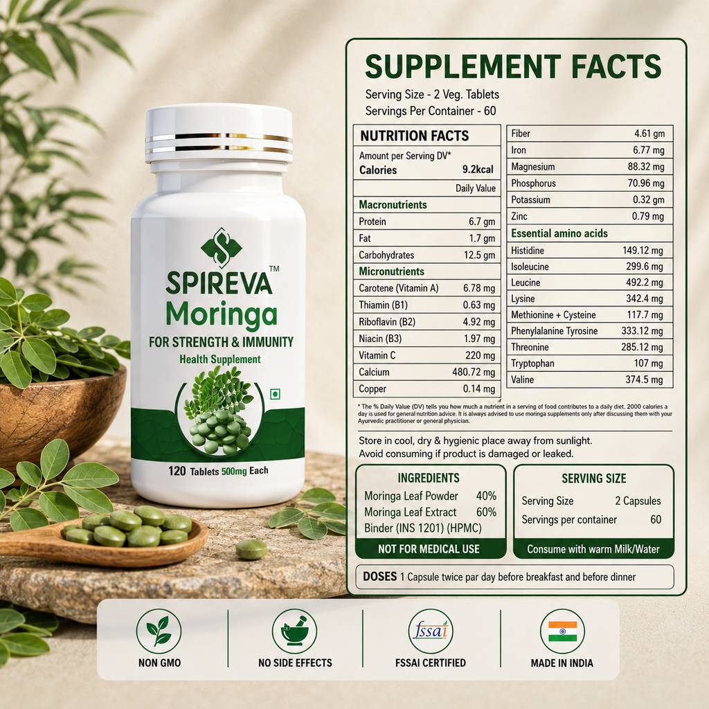 Spireva Moringa Tablets - Natural Ayurvedic Superfood Supplement For Immunity, Energy & Overall Wellness | Rich in Antioxidants, Vitamins & Nutrients | 120 Veg Tablets