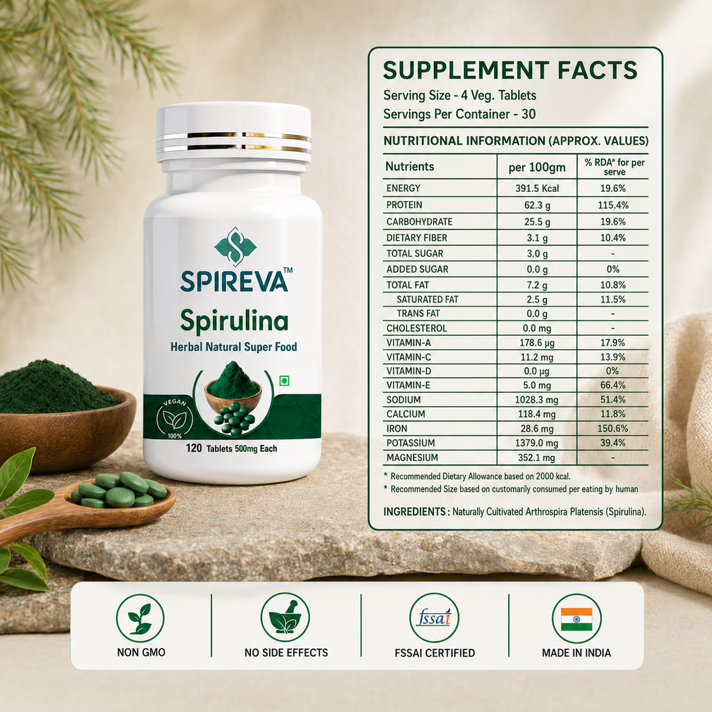 Spireva Spirulina Tablets - Protein & Antioxidant Rich Superfood for Immunity, Energy & Cardiovascular Wellness | 100% Natural