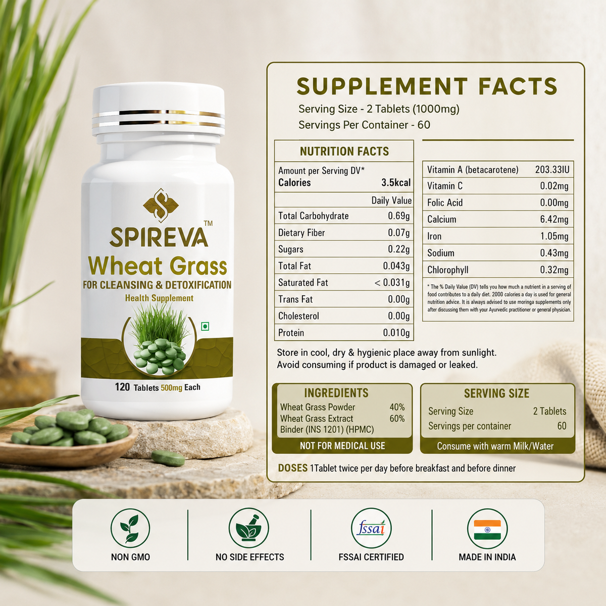 SPIREVA Pure Wheatgrass Tablets | Rich In Vitamins A, C, E, Iron, Magnesium | Boosting Antioxidant Intake And Supporting General Wellness