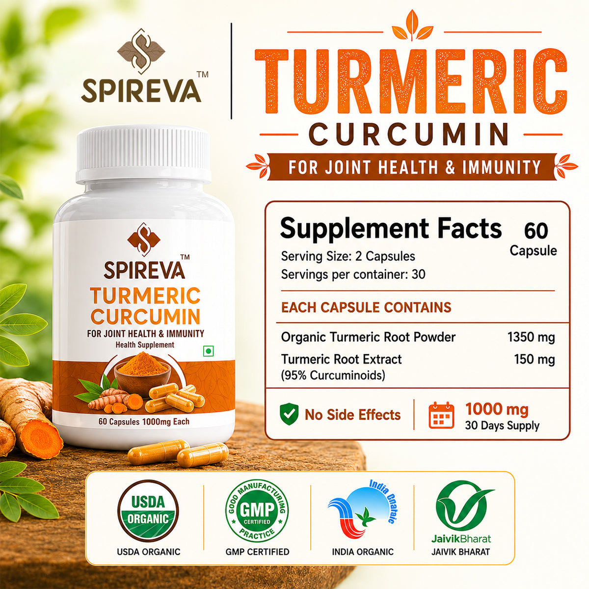 SPIREVA Turmeric with Piperine & Ginger | Natural Joint Care & Immunity Booster Capsules
