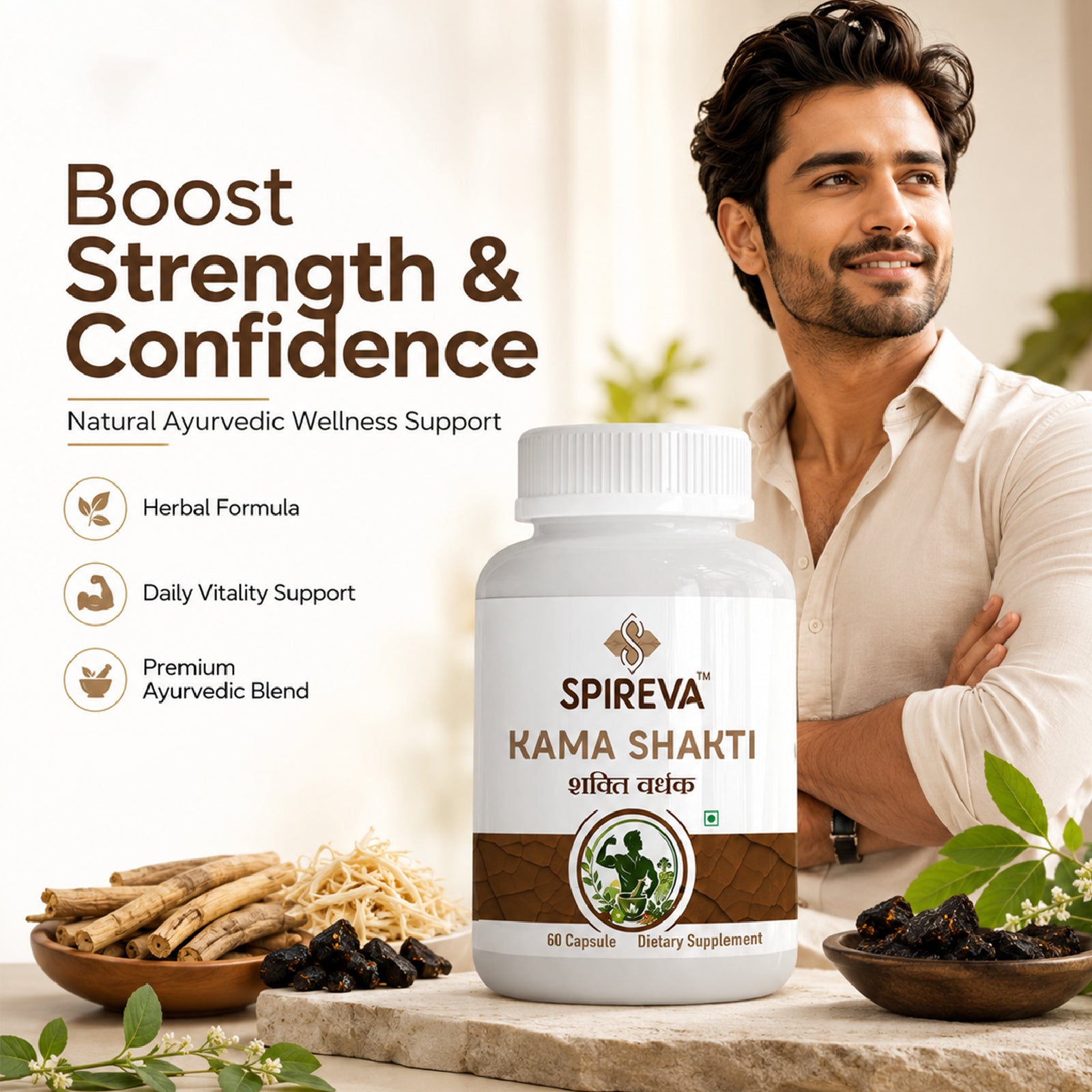 Spireva Kama Shakti Capsules – Ayurvedic Herbal Supplement for Strength, Energy & Vitality | Natural Stamina & Wellness Support for Men | 60 Capsules