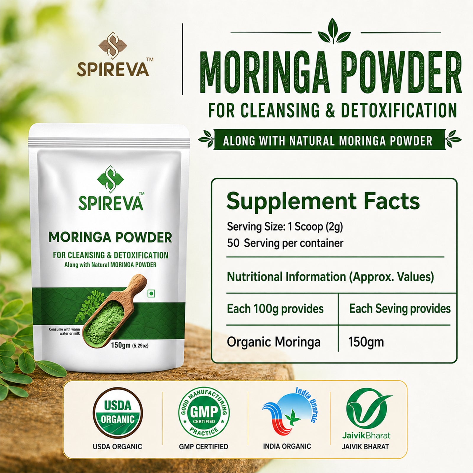 SPIREVA Natural Moringa Leaf Powder