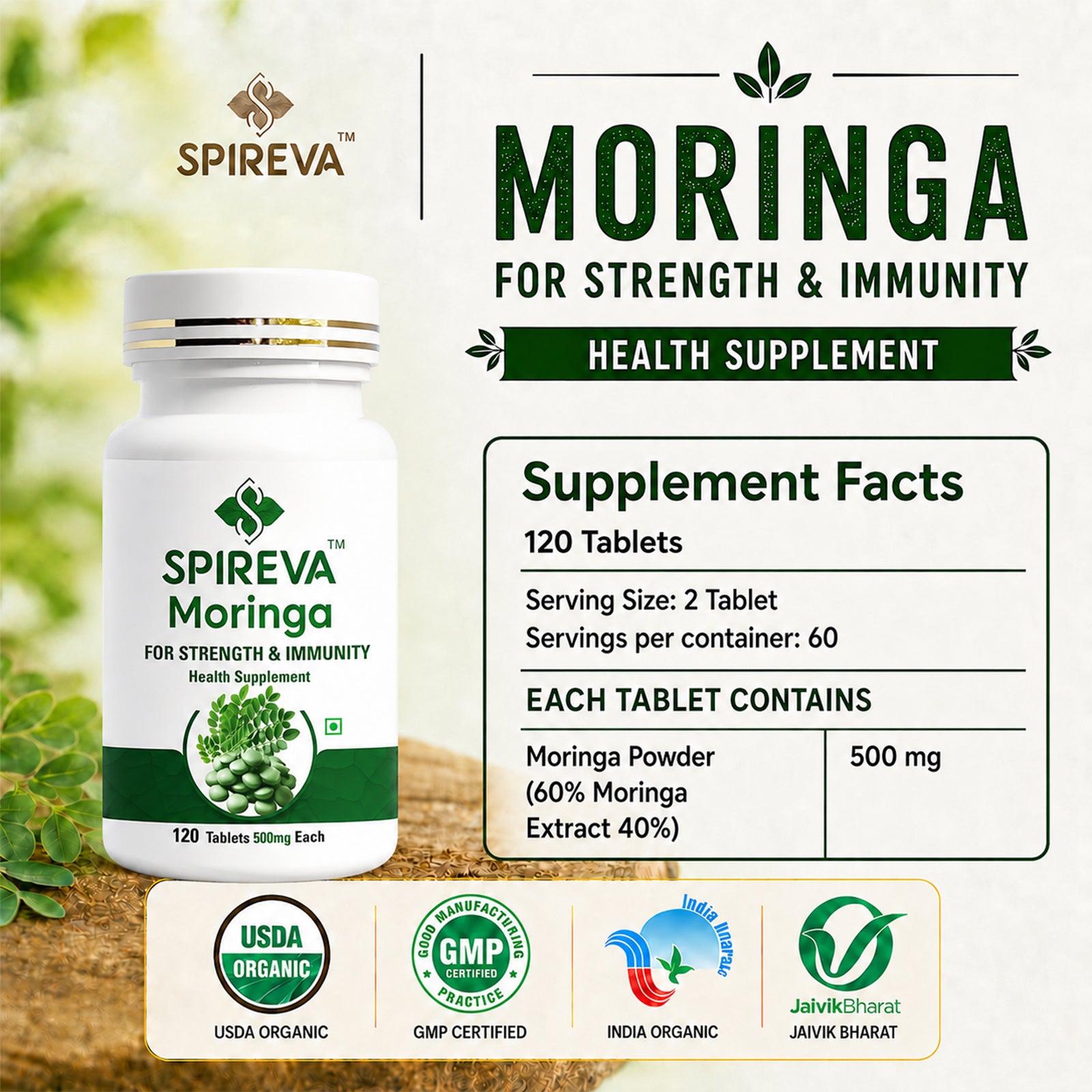 Spireva Moringa Tablets - Natural Ayurvedic Superfood Supplement for Immunity, Energy & Overall Wellness | Rich in Antioxidants, Vitamins & Nutrients | 120 Veg Tablets