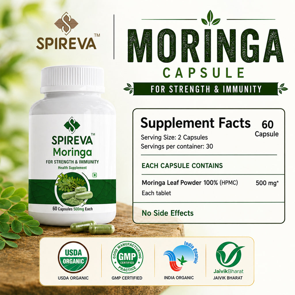 Spireva Moringa Capsules 500mg – Natural Ayurvedic Superfood Supplement for Immunity, Energy & Overall Wellness | Rich in Antioxidants, Vitamins & Nutrients | 60 Veg Capsules