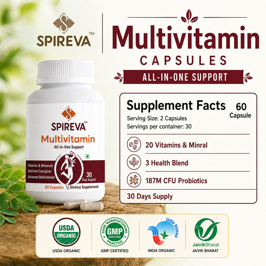 SPIREVA Natural Multivitamin Capsules | Immunity Booster, Stress Relief & Energy Support for Men & Women | Herbal Wellness Formula
