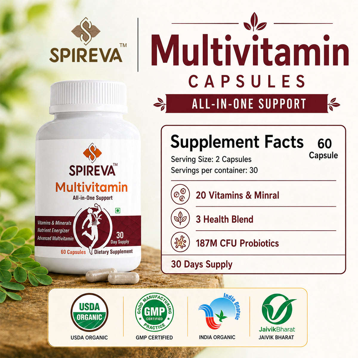 SPIREVA Natural Multivitamin Capsules | Immunity Booster, Stress Relief & Energy Support for Men & Women | Herbal Wellness Formula