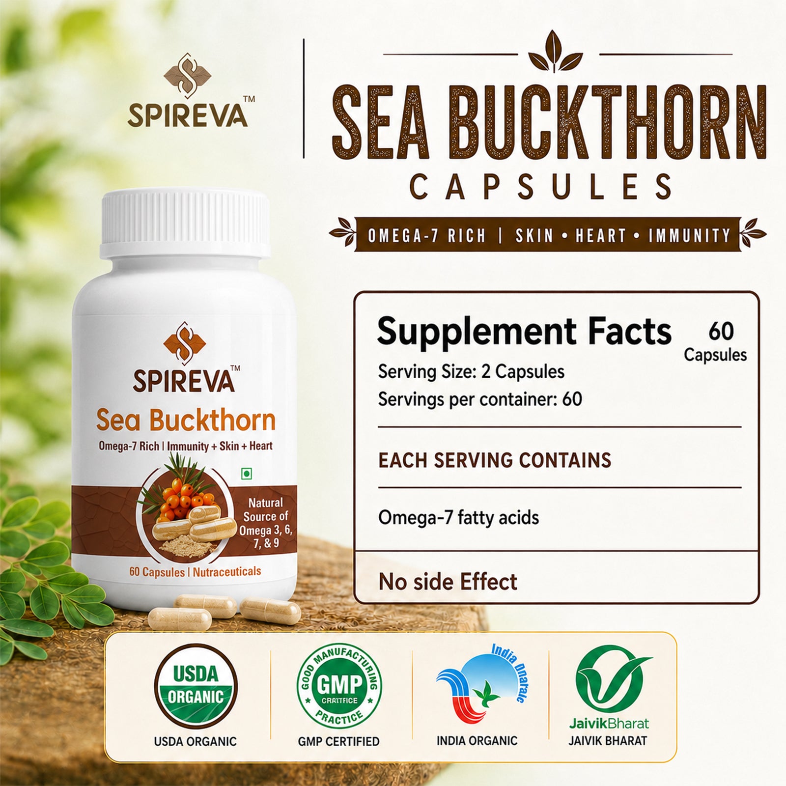 SPIREVA Sea Buckthorn Herbal Capsules | Natural Omega 3 6 7 9 Supplement for Daily Wellness