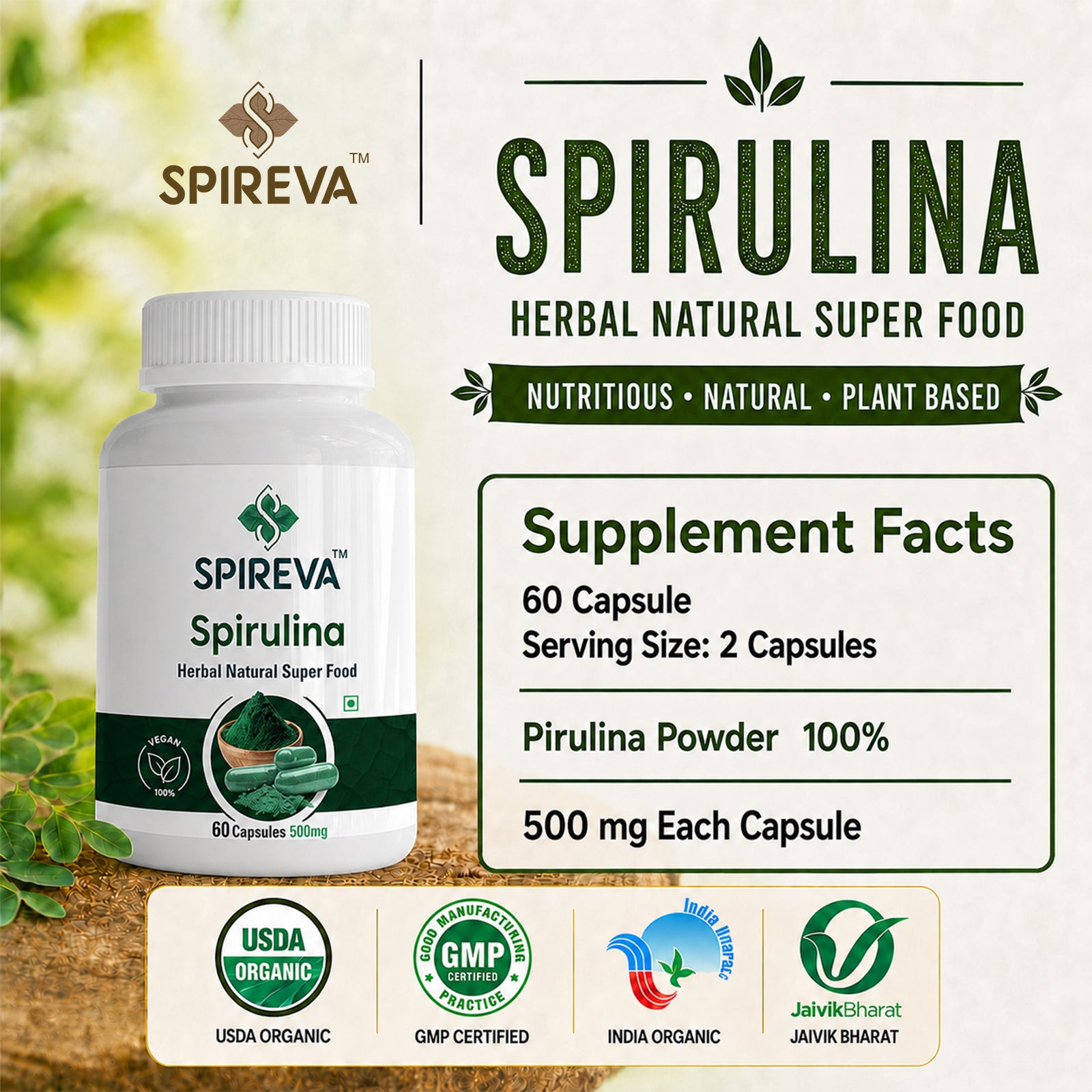 SPIREVA Spirulina Herbal Supplement | Green Superfood for Metabolism, Stamina & Immune Support
